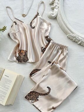 Silky Leopard Print Cami & Pants Pajama Set - Cream
